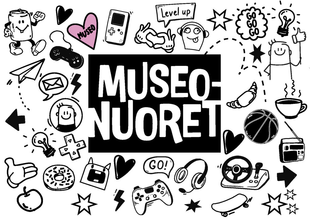 Museonuoret-kerhon logo, jossa mustavalkoisia piirroskuvia ja keskellä teksti Museonuoret.