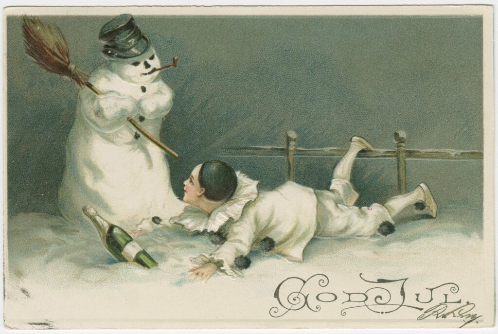 Joulukortissa piirroskuva lumiukosta ja pojasta, jokaa makaa lumessa ja katsoo lumiukkoa. Pojan edessä on shamppanjapullo.
