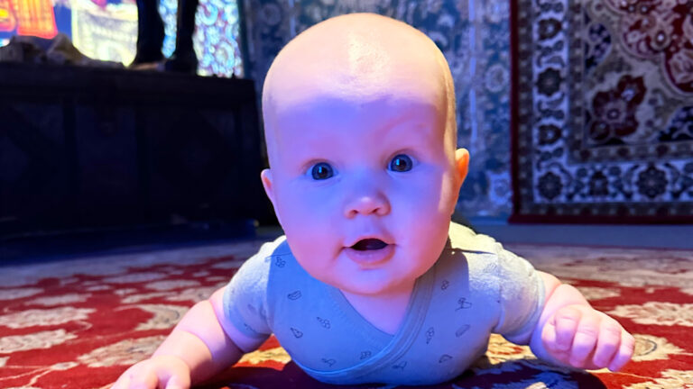 Vauva katsoo suoraan kameraan hyväntuulinen ilme kasvoilla. Makaa mahallaan näyttelytilan matolla.