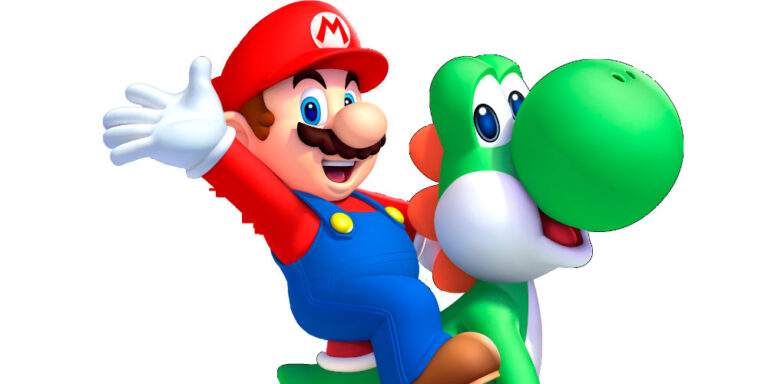 SuperMario ratsastaa vihreällä otuksella. Mario on pukeutunut siniseen haalariin ja punaiseen puseroon.