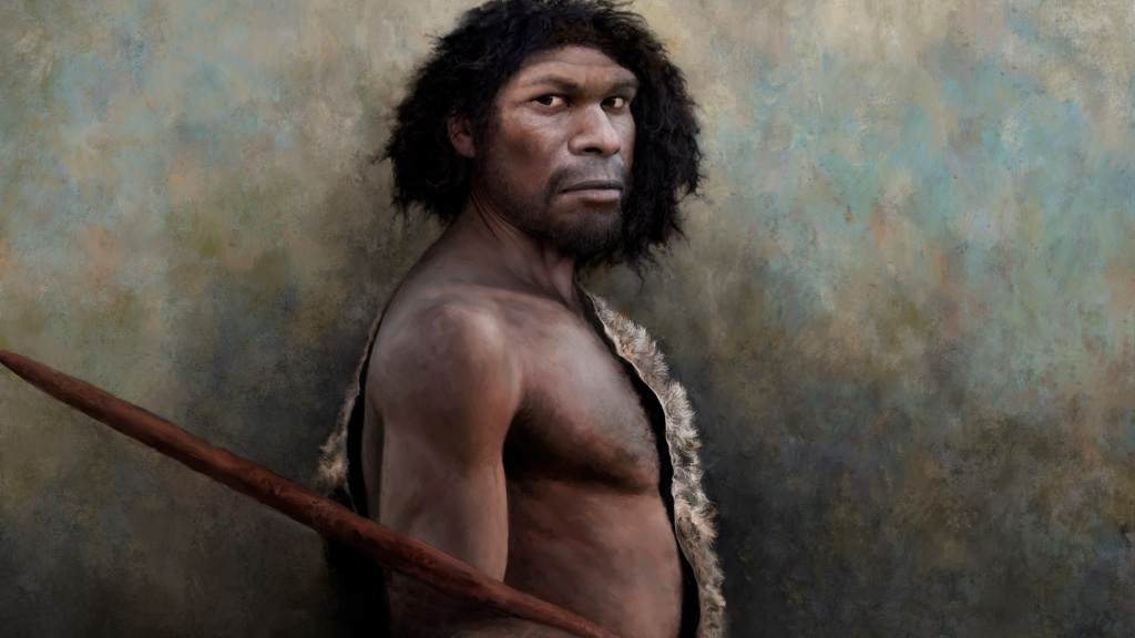 Maalaus neandertalinihmisestä. Miehellä tumma iho ja tummat hiukset. Kädessä keihäs.