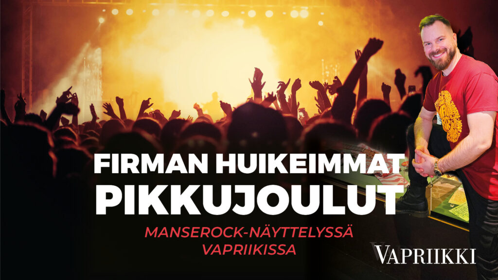 Teksti "Firman huikeimmat pikkujoulut" taustalla mies hymyilee kameralle.