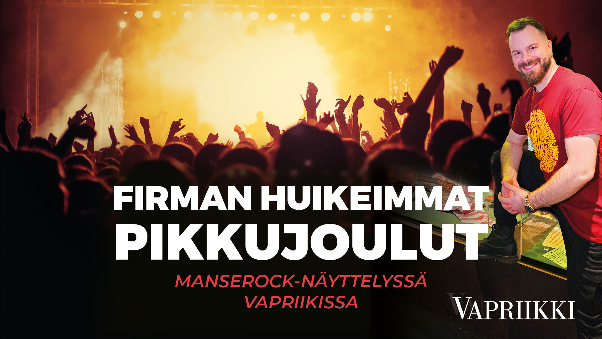 Teksti "Firman huikeimmat pikkujoulut" taustalla mies hymyilee kameralle.