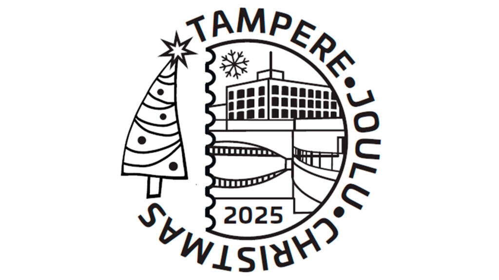 Valkoisella pohjalla Tampere joululeima -teksti sekä piiroskuva Tampellan rakennuksista.