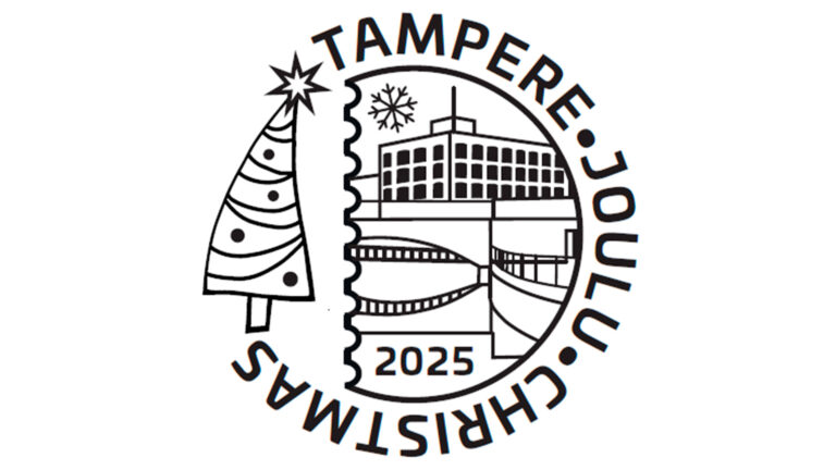 Valkoisella pohjalla Tampere joululeima -teksti sekä piiroskuva Tampellan rakennuksista.