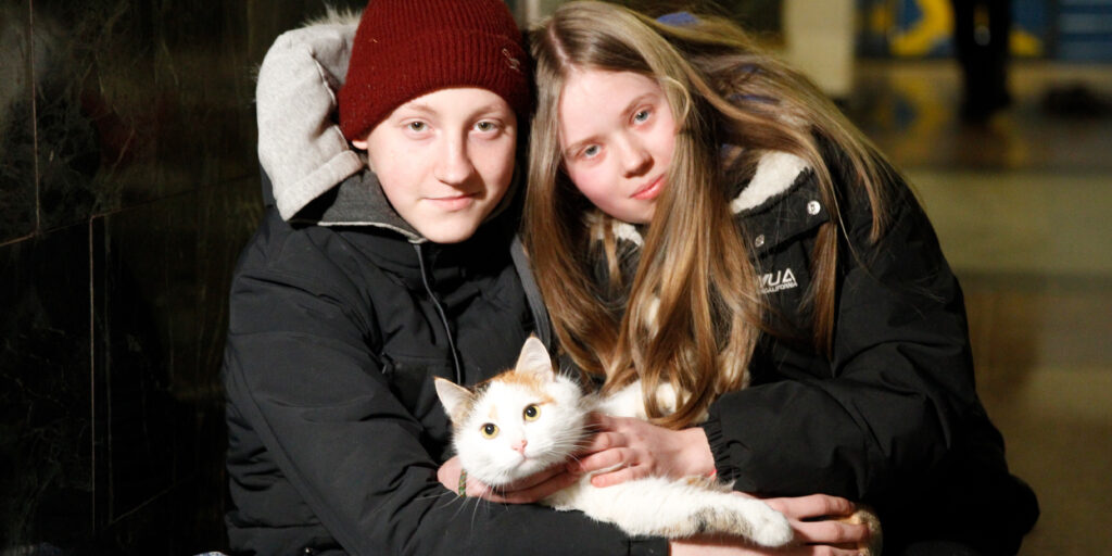 Kyiv residents are in the metro with animals during an air raid alert.