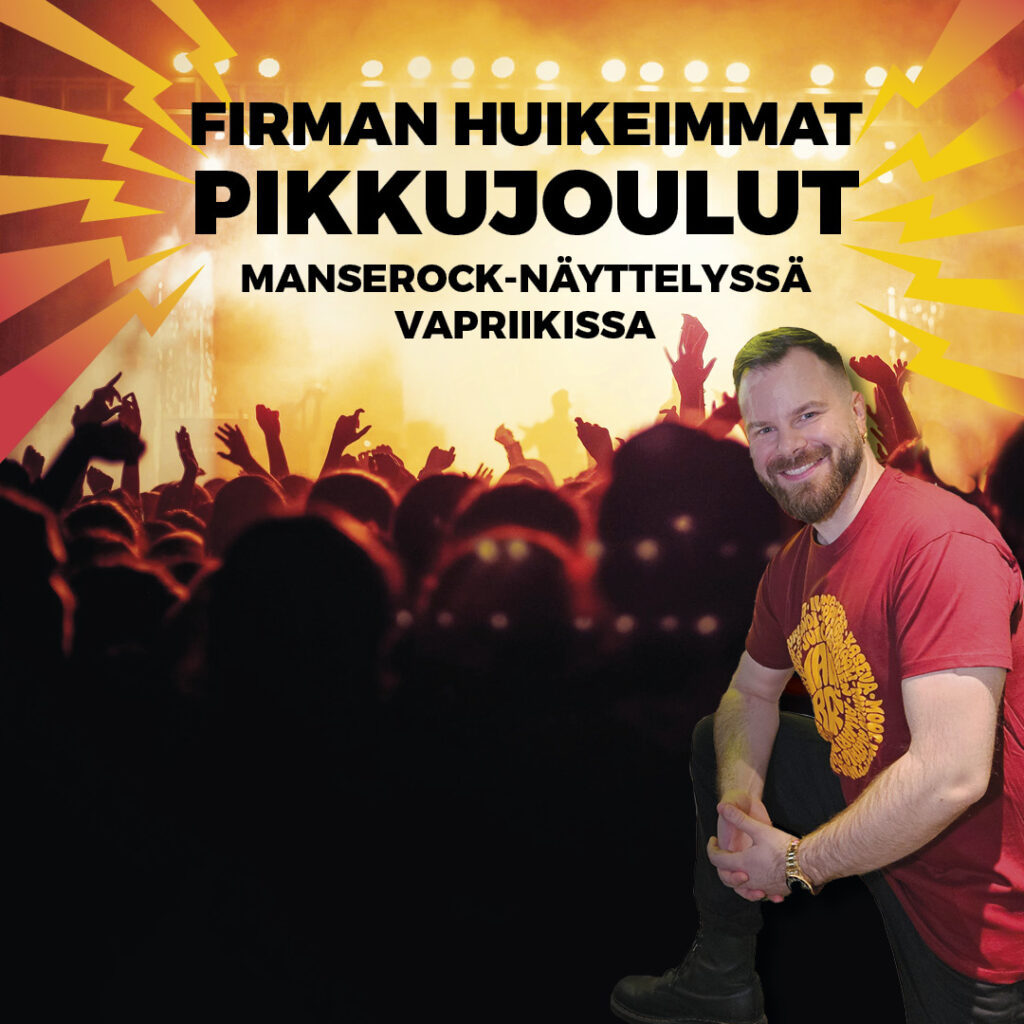 Teksti "Firman huikeimmat pikkujoulut" taustalla mies hymyilee kameralle sekä lavalla oleva bändi.