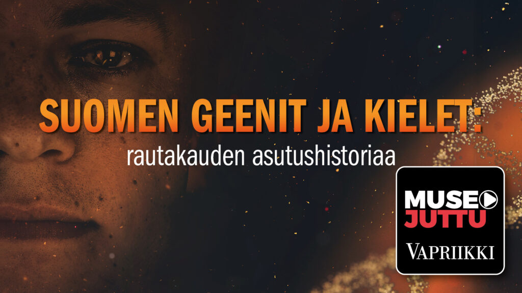 austalla ihmisen kasvot, keskellä teksti Suomen geenit ja kielet.