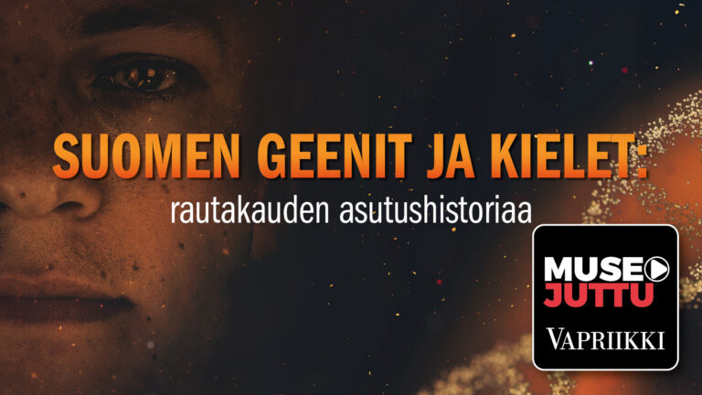 austalla ihmisen kasvot, keskellä teksti Suomen geenit ja kielet.